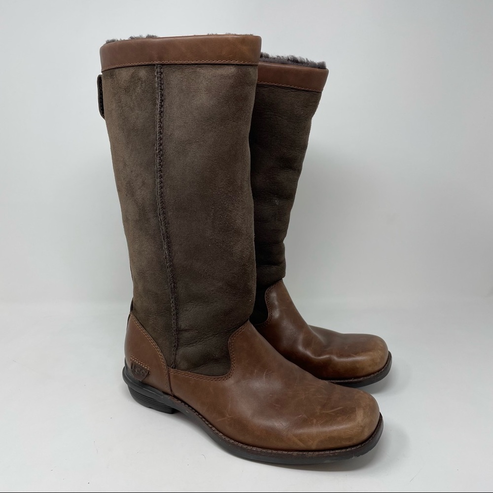 UGG Australia Brown Leather & Sheepskin Brookfield Tall Boots Size 6